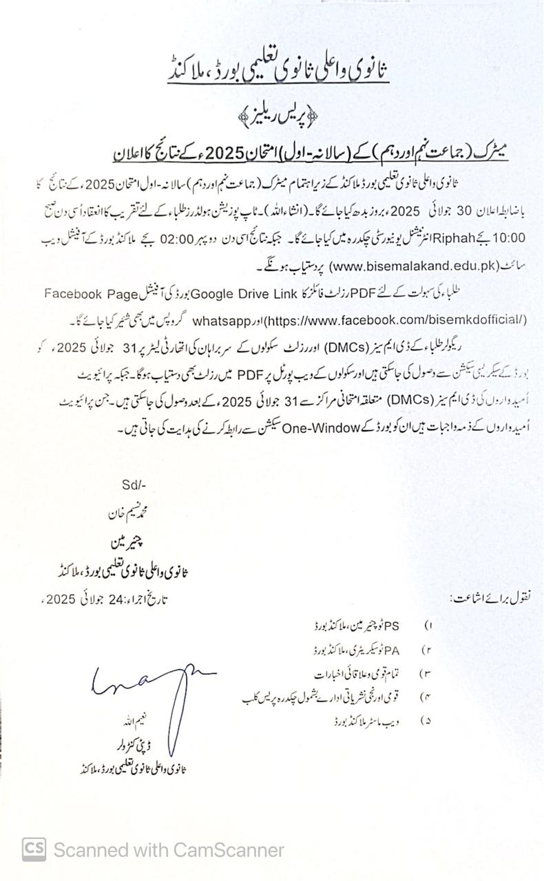 BISE Malakand Board Matric Result Gazette 2025